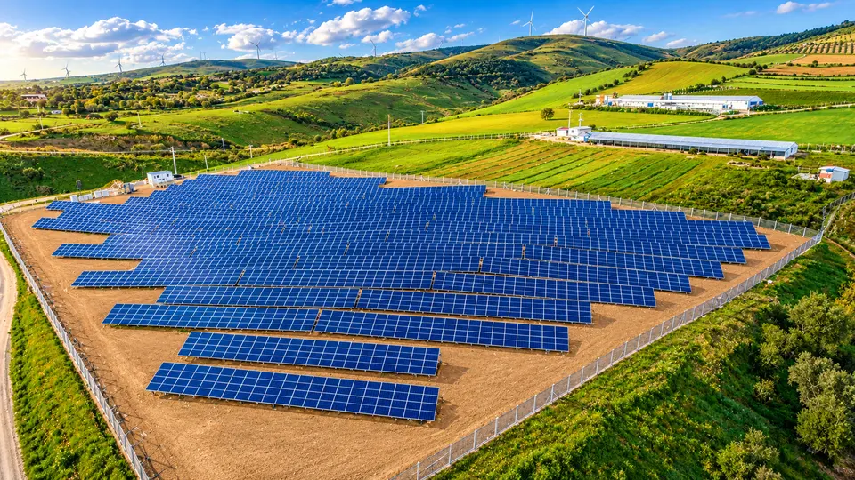 Bandırma Belediyesi güneş enerjisi santralinin havadan görünümü: çitle çevrili panel dizileri ve yeşil tepeler.