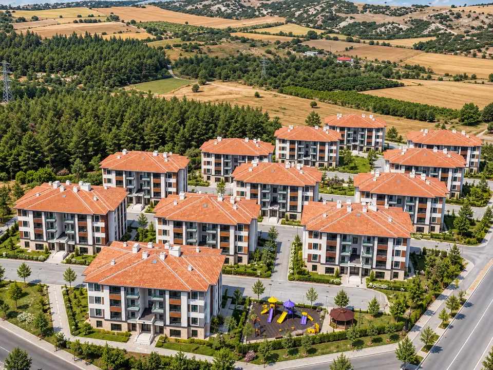Honaz Ovacık konutlarının havadan görünümü: kiremit çatılı bloklar, iç yollar, oyun alanı ve çevredeki çam ormanı.