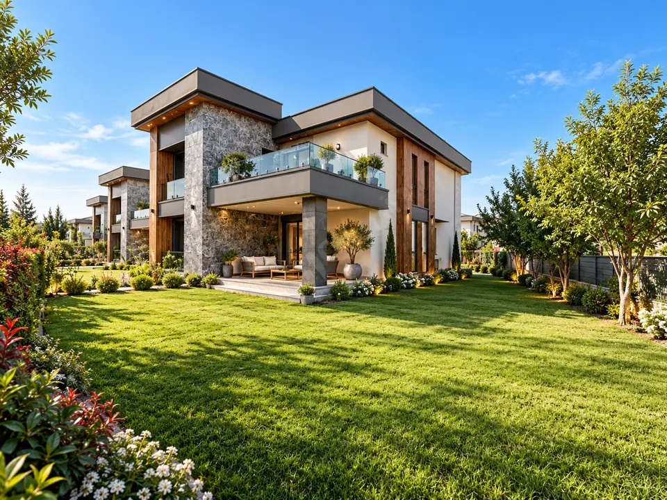 Geniş çim bahçe, sundurma altında oturma alanı ve cam balkonlu villa.